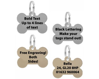 Personalised Engraved Dog Bone BLACK & BOLD Lettering ID Tag in Silver Or Brass 38mm - Free Engraving on Both Sides