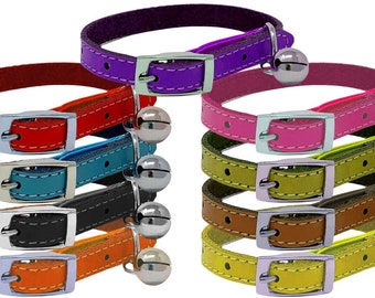 Genuine Leather Kitten / Cat Collar with Safety Elastic, Buckle Fastening & Bell. Ideal for Cats or small puppies