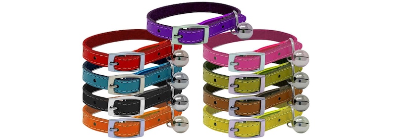 Genuine Leather Kitten / Cat Collar with Safety Elastic, Buckle Fastening & Bell. Ideal for Cats or small puppies image 1