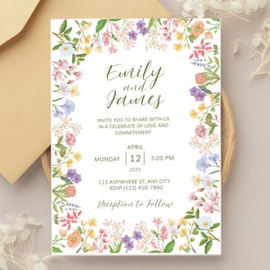 Whimsical Pastel Floral Wedding Invitation | Editable Canva Template | Romantic Spring Wedding Invite | Instant Download