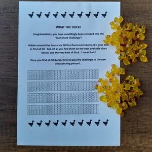 Peut inclure: Une feuille imprimée avec le texte "WHAT THE DUCK!" et une grille pour cocher les canards trouvés, accompagnée d'une pile de petits canards en plastique jaunes. Le jeu s'appelle "Duck Hunt Challenge".