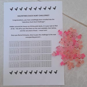 May include: A Valentine's Day themed scavenger hunt game with a pink duck theme. The game includes a sheet with a grid of 50 squares and a set of 50 pink rubber ducks. The instructions ask players to find the ducks and mark them off on the grid.