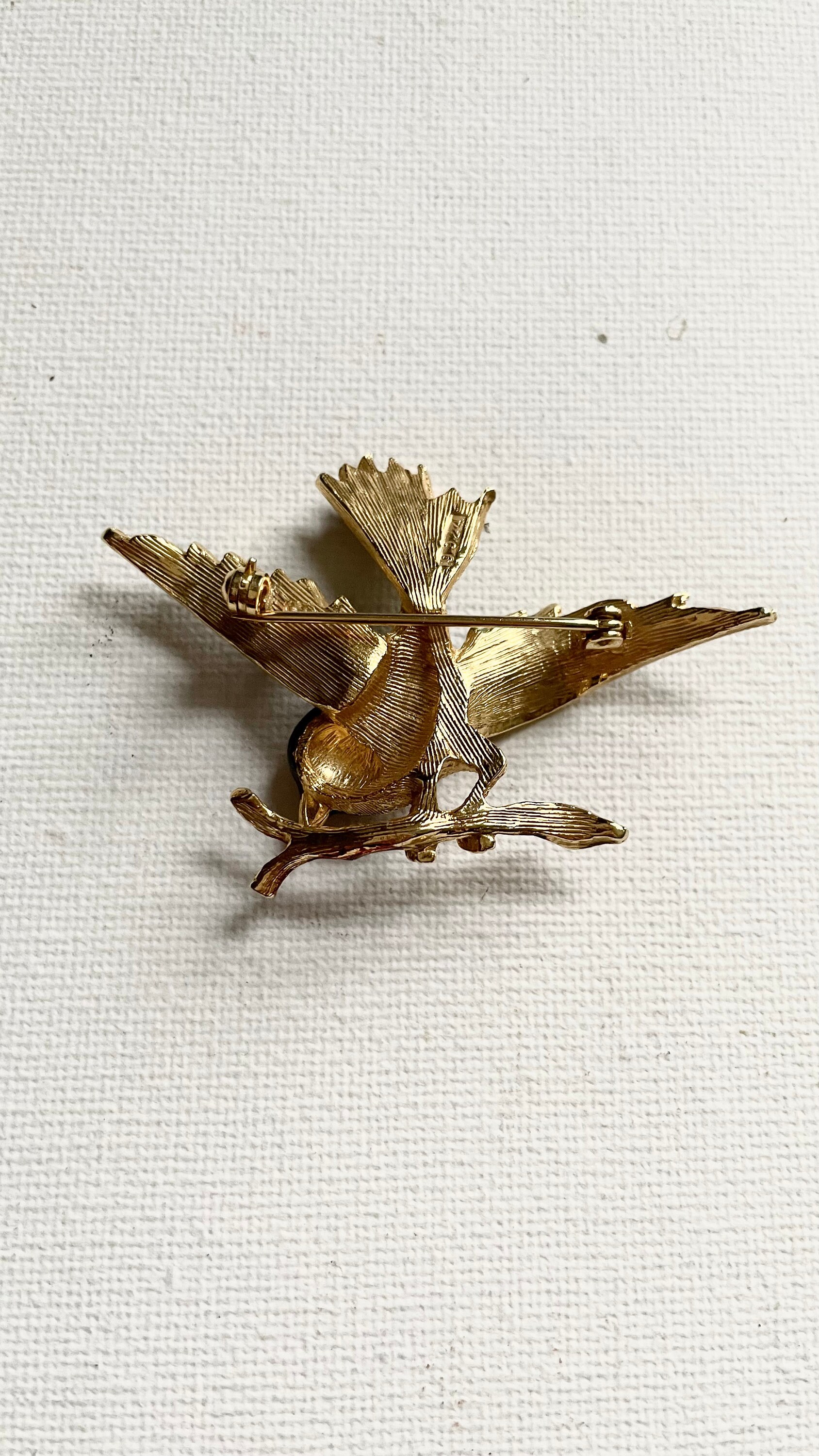 Vintage SPHINX Bird Brooch, Enamel & Rhinestone Black Bird