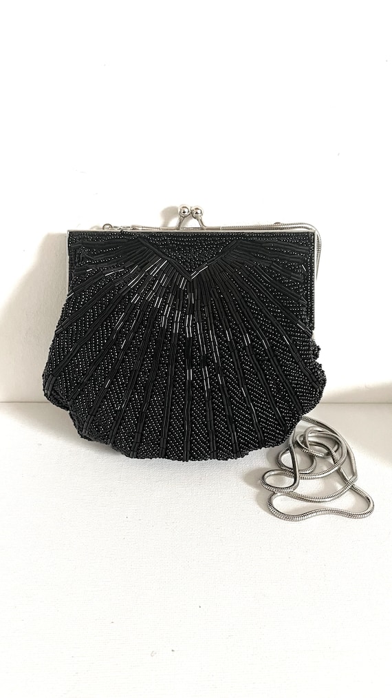 Vintage Handmade Shiny Glass Beaded Evening Bag, Clutch Silver Chain  Handbags