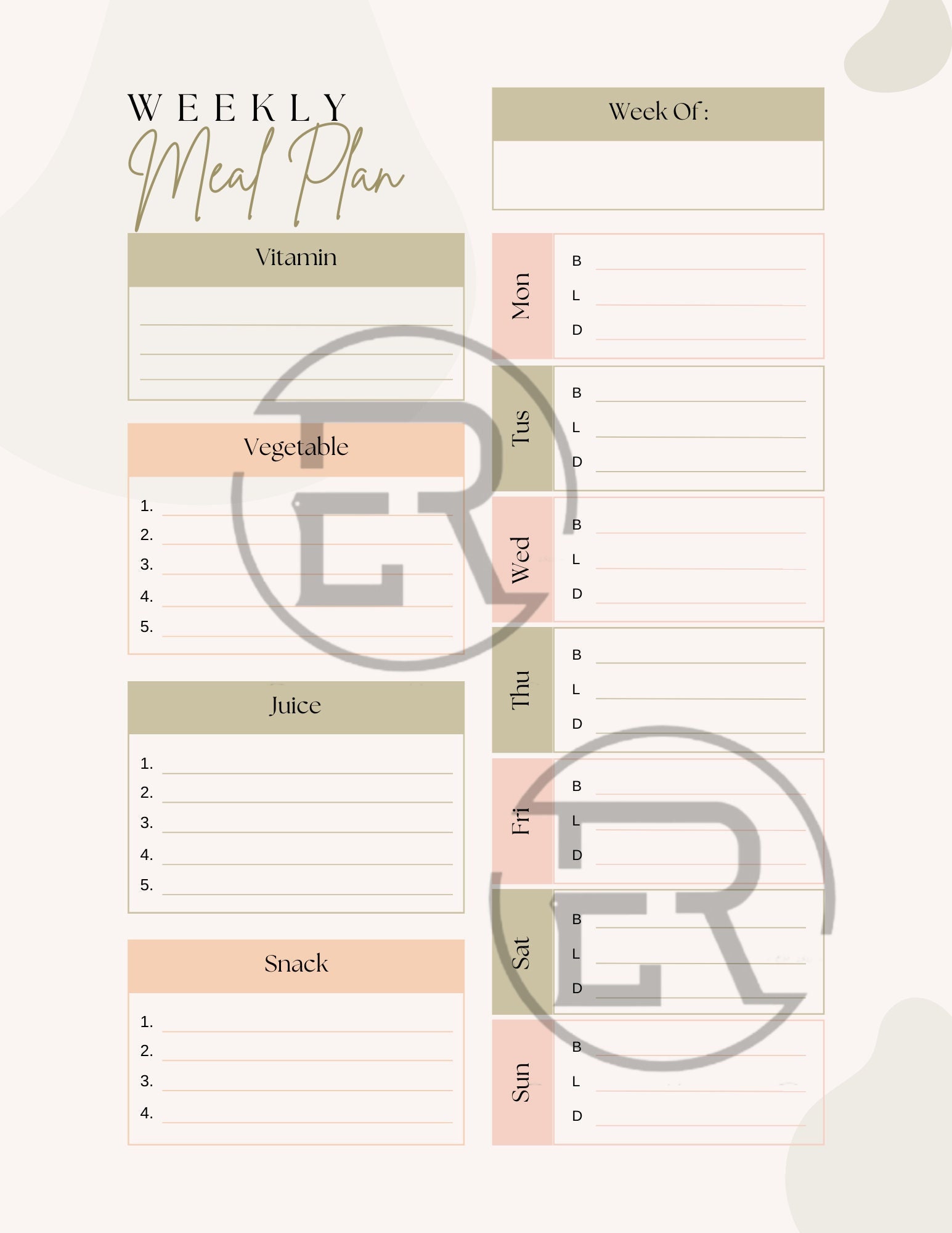 Weekly Meal Plan, Meal Prep, Printable, Digital Download, Daily Planner