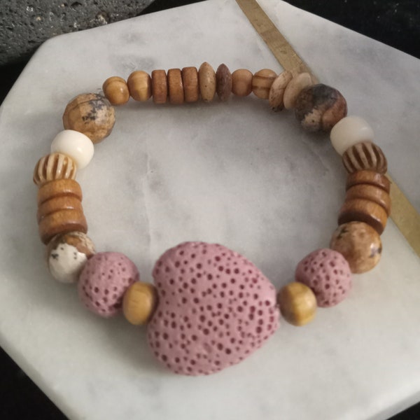 Pink Lava Heart, Round Pink Lava, Natural Jasper, Bone & Wood Bead Womens Girls Stretch Bracelet| Aromatherapy Essential Oils Diffuser