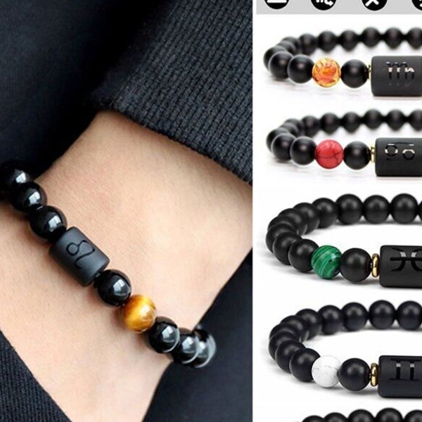 Horoscope Bracelet for Men & Women, Natural Black Onyx Stone with Birth Month Stone Star Sign Constellation Zodiac Bracelet Gifts