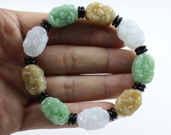 HIGH QUALITY JADE Unique Certified Grade A Natural Multi Color Green White Honey Color Jadeite Jade Burmese Handcrafted Bead Bracelet