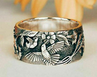 Sterling Silver Botanical Hummingbird Flower Nature Women Girls Wide Band Ring Stamped 925