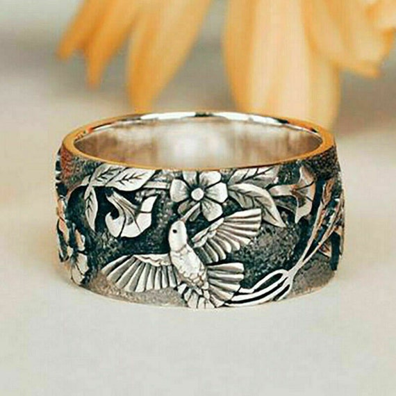 Sterling Silver Botanical Hummingbird Flower Nature Women Girls Wide Band Ring Stamped 925