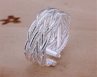 Women Sterling Silver Weaved Adjustable Ring| Women Silver Ring | Statement Silver Ring| Women Fashion Ring| Silver Band Women Ring R011