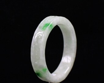 59mm Burmese Hand Carved Icy White & Green Jadeite Jade Bangle Bracelet|  Gemstone Bracelet| March Birthstone Bracelet B065