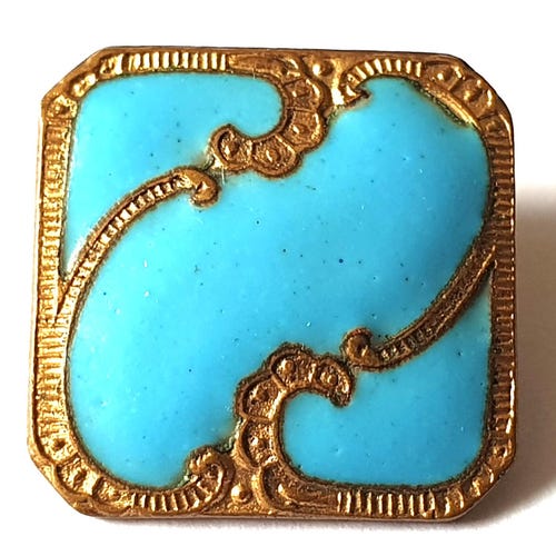 アンティークブルーエナメル真鍮スタッドボタン：ホワイトフラワー