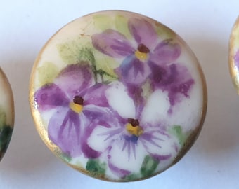 French Limoges hand painted Porcelain antique stud button with purple pansies and 24 carat gold border.  1880s. 7/8 inch or  22 mm. PB102