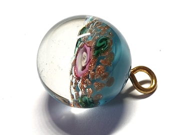 Antique glass paperweight button with pink rose and Aventurine on a blue base. Clear glass dome. 1900s. Self shank. 9/16 inch or 14mm. PW774
