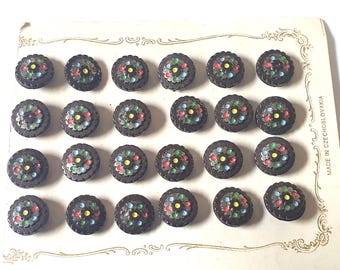 20 black Czech glass buttons with silver panel and multi coloured dot detail. Circa 1920s.  1/2 inch  or 13 mm.  GB120