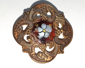 1 Champlevé enamel button on pierced brass. Grey/white flower. Red background. Gold rococo swirls. Loop shank. 1880s. 15/16" or 24mm. EB6243