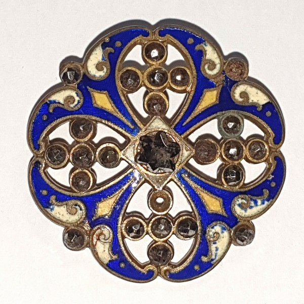 1 1880s Cloisonné enamel pierced button. Navy blue and cream enamel. Celtic Cross style with cut steels. Loop shank. 1 1/4" or 32mm. EB6240