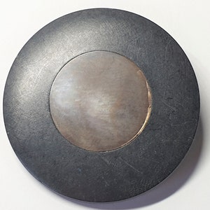 Large black Bakelite coat button with abalone Mother of Pearl large central disk. Metal shank. 1910s. 1 15/16 inches or 49mm. CB243