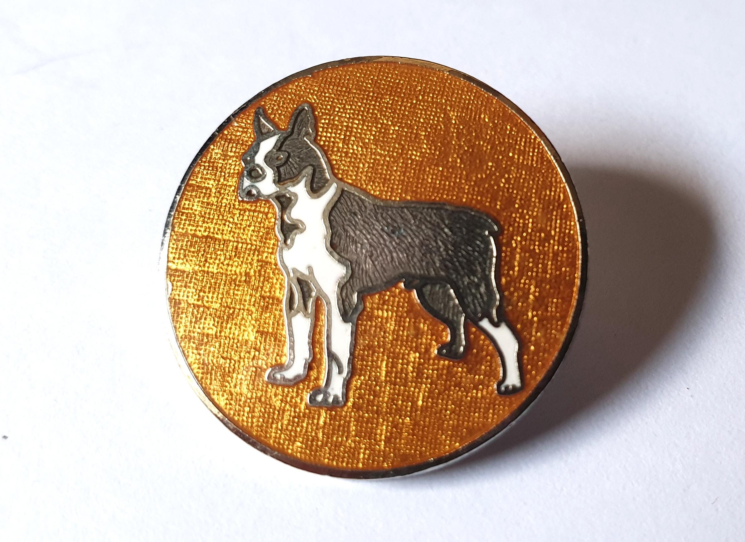 1980s Cloisonne enamel button with Boston Terrier dog on orange gold enamel background. White metal loop shank. 7/8 inch or 22 mm. EB 6329