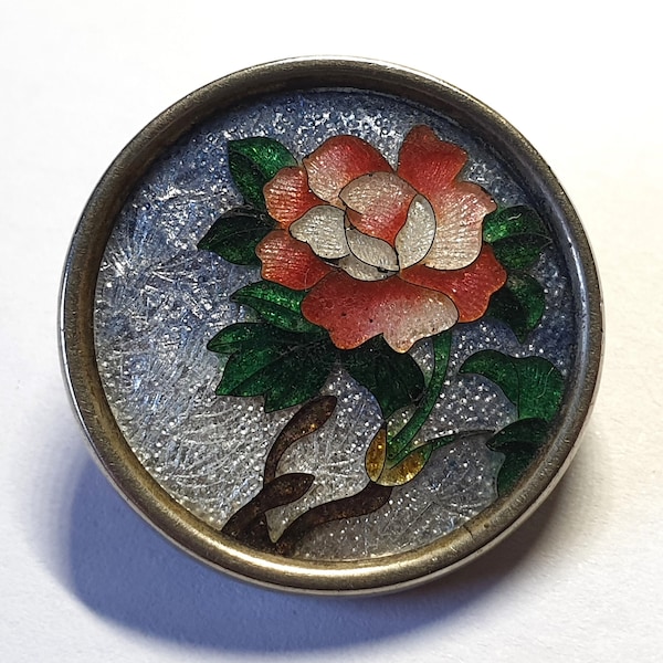 1 1880s Gin Bari enamel pictorial button. Large beautiful colourful flower design. Metal rim and loop shank.  15/16" or 24mm. EB6285