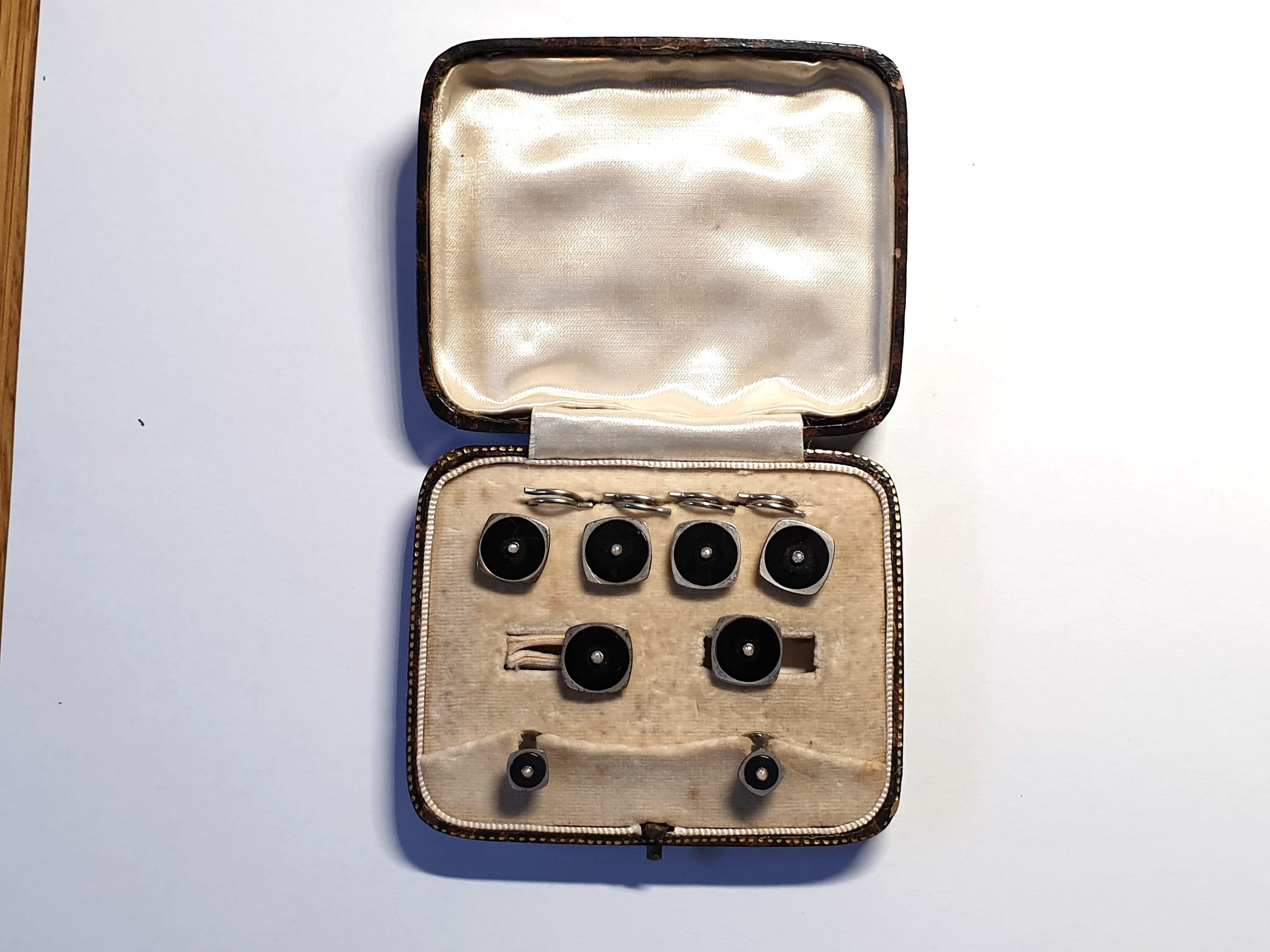 Box Set 4 Square Silver Buttons Each Set With Onyx and Real