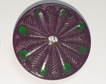Antique seamed button hand painted and varnished. Suffragette colours of purple, green and white. Made circa 1900. 1 1/16inch or 27mm. MB232