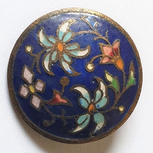 1880s Champlevé Enamel Button: Cobalt Blue Floral Design, Brass Shank (27 mm)