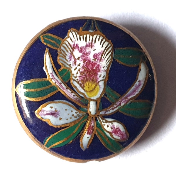 Rare  1880s Japanese orchid Cattleya Satsuma ceramic button. 22ct Gold. Navy background with painted Minor edge Chip 13/16" or 20mm. Sat7037