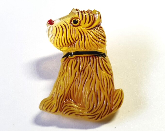 Yellow Moonglow Glass Scottie Dog Button. Dark Red Markings. Red Nose