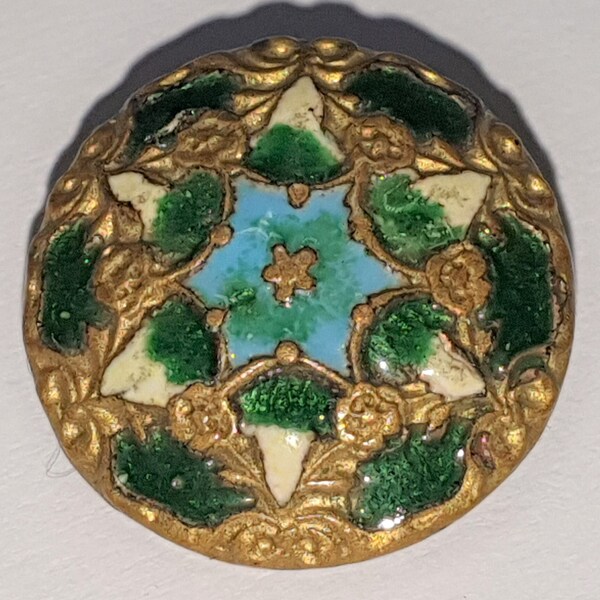 1 French Dark Green, Light Blue and Cream Champlevé enamel button on brass. Circa 1800s. Loop shank. 9/16 " or 14 mm. EB6206