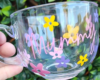 Personalised Daisy Glass Mug, Flower Teacup, Birthday Gift For Her