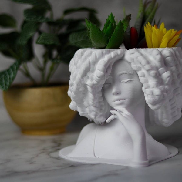 Curly Hair Bust Planter | Beautiful Head Planter with Eyelashes | Modern Face Planter | Decorative Succulent Bust Planter gift for her
