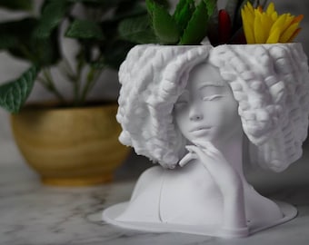 Curly Hair Bust Planter | Beautiful Head Planter with Eyelashes | Modern Face Planter | Decorative Succulent Bust Planter gift for her