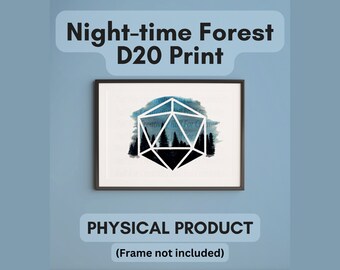 Blue woods D20 Print voor TTRPG Spelers - A4 Night-time Woods D20 Print, A4 Print zonder frame, D20 Outline on Blues and Purples