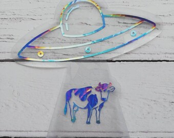 UFO Cow Suncatcher Sticker - Easy to use window rainbow maker, Unusual gift ideas, Aliens, Cryptids, Strange and Unusual gifts