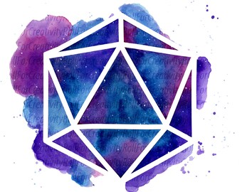 Kleurrijke D20 Print voor TTRPG Spelers - A4 Aquarel Galaxy D20 Print, A4 Print zonder frame, D20 Outline op Blues en Purples