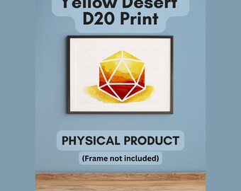 Yellow Desert D20 Print voor TTRPG-spelers - A4 Yellow Desert D20 Print, A4 Print zonder frame, D20 Outline op geel, oranje en rood