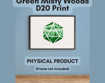 Green woods D20 Print voor TTRPG Spelers - A4 Green Misty Woods D20 Print, A4 Print zonder frame, D20 Outline op Groen en Wit