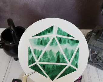 Misty Green Woods sticker - Aquarel, D20 sticker, Nerdy hart sticker, TTRPG speler sticker, nerdy cadeau idee, campagne dagboek sticker