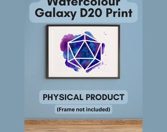 Kleurrijke D20 Print voor TTRPG Spelers - A5 Aquarel Galaxy D20 Print, A5 Print zonder frame, D20 Outline op Blues en Purples