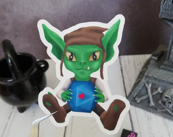 Dice goblin sticker - Goblin sticker, D20 sticker, Nerdy hart sticker, TTRPG speler sticker, nerdy cadeau idee, campagne dagboek sticker
