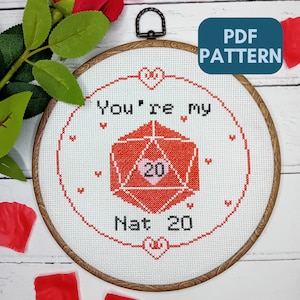 You&#39;re my Nat 20 - Nerdy themed Valentine&#39;s Cross Stitch - Cross Stitch Pattern - Tabletop game themed