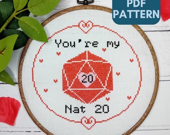 You're my Nat 20 - Nerdy themed Valentine's Cross Stitch - Cross Stitch Pattern - Tabletop game themed