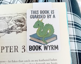 Book Wyrm Magnetic Bookmark – Fantasy Dragon Bookmark for Book Lovers, Cute Bookish Gift, “Guarded by a Book Wyrm”, Book Dragon Accessory