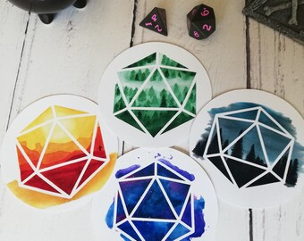 Aquarel D20-stickerbundel - Aquarel, D20-sticker, TTRPG-spelersticker, nerdy cadeau-idee, campagnedagboeksticker, abstracte sticker
