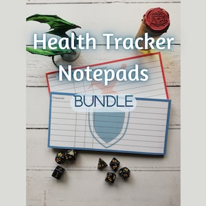 May include: A bundle of two health tracker notepads with red and blue covers. The notepads have lined pages and are labelled "Enemy" and "Character". The notepads are on a wooden surface with dice and a dragon figurine.