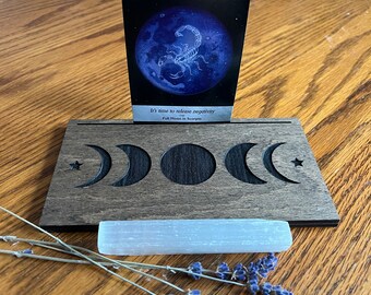 Wooden Tarot Card Holder With Moon Phase Design - 7.9x5.5x4.1 Inch Display Stand For Oracle Cards