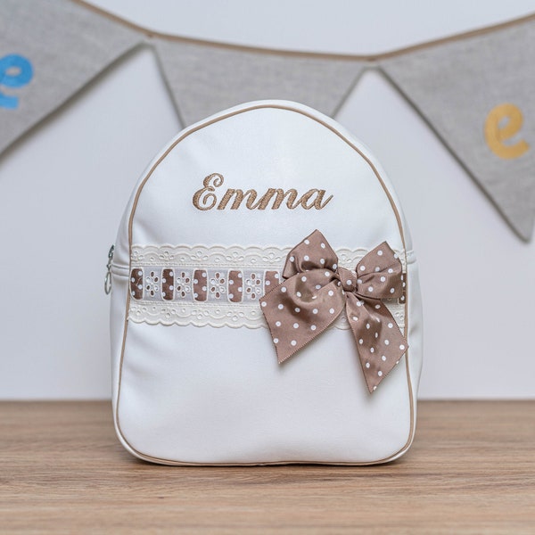 Personalized kids backpack, embroidered children's toddlers backpack, nursery backpack with name, baby rucksack,leatherette and dotts ribbon