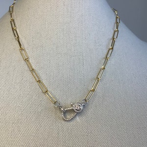 Paperclip Necklace|Embellished|Lobster Clasp|two tone| gold paper clip chain|pave